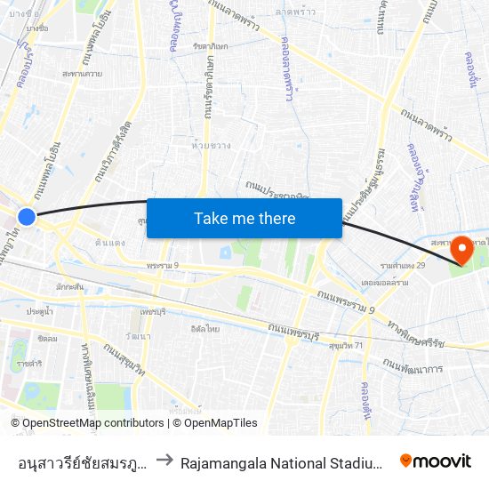 อนุสาวรีย์ชัยสมรภูมิ (เกาะดินแดง) to Rajamangala National Stadium (ราชมังคลากีฬาสถาน) map