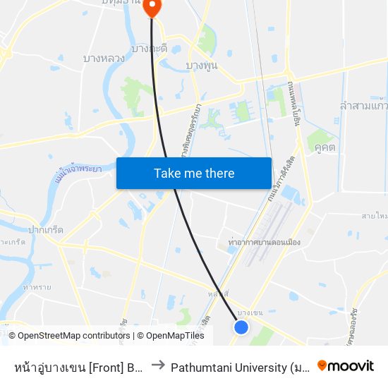 หน้าอู่บางเขน [Front] Bangkhen Bus Depot to Pathumtani University (มหาวิทยาลัยปทุมธานี) map
