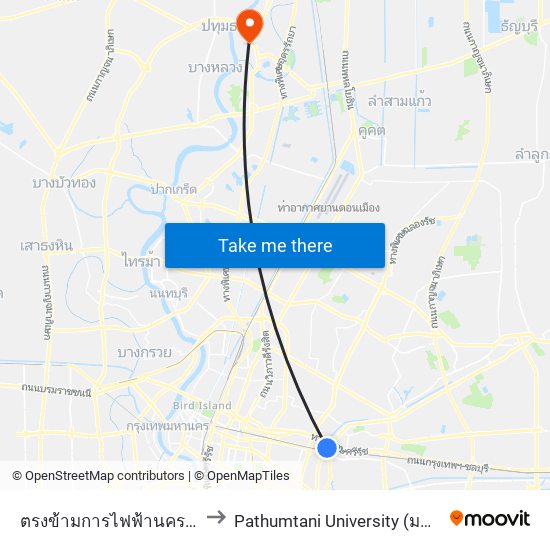 ตรงข้ามการไฟฟ้านครหลวงเขตบางกะปิ to Pathumtani University (มหาวิทยาลัยปทุมธานี) map