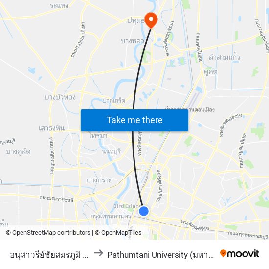 อนุสาวรีย์ชัยสมรภูมิ (เกาะดินแดง) to Pathumtani University (มหาวิทยาลัยปทุมธานี) map
