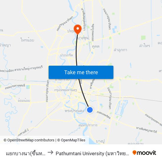 แยกบางนา(ขึ้นทางด่วน) to Pathumtani University (มหาวิทยาลัยปทุมธานี) map