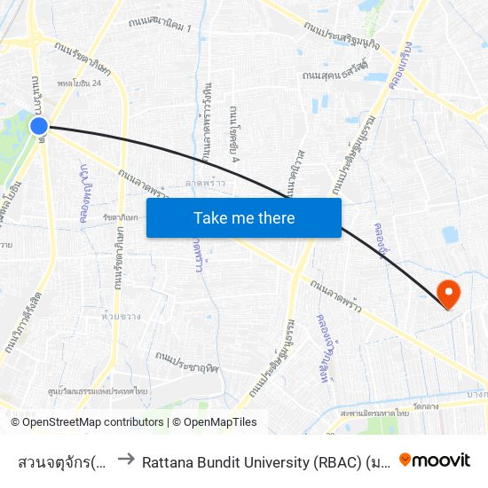 สวนจตุจักร(ฝั่งวิภาวดี) to Rattana Bundit University (RBAC) (มหาวิทยาลัยรัตนบัณฑิต) map