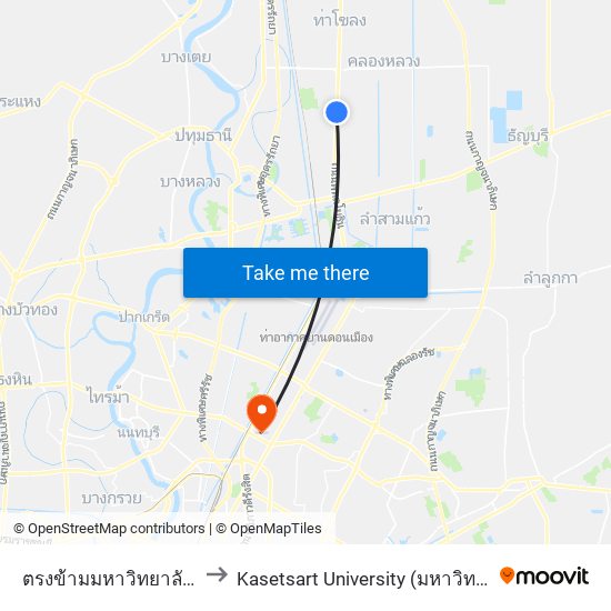 ตรงข้ามมหาวิทยาลัยกรุงเทพรังสิต to Kasetsart University (มหาวิทยาลัยเกษตรศาสตร์) map