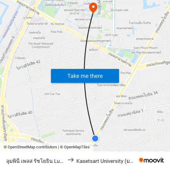 ลุมพินี เพลส รัชโยธิน  Lumpini Place Ratchayotin to Kasetsart University (มหาวิทยาลัยเกษตรศาสตร์) map