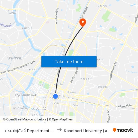 กรมปศุสัตว์ Department Of Livestock Development to Kasetsart University (มหาวิทยาลัยเกษตรศาสตร์) map