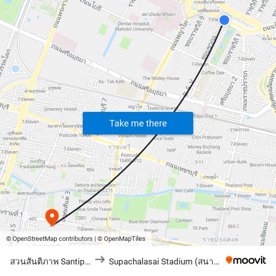 สวนสันติภาพ Santiphap Park to Supachalasai Stadium (สนามศุภชลาศัย) map