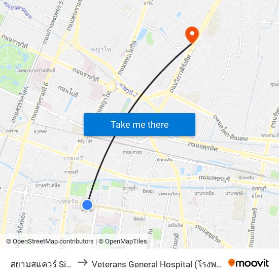 สยามสแควร์ Siam Square to Veterans General Hospital (โรงพยาบาลทหารผ่านศึก) map