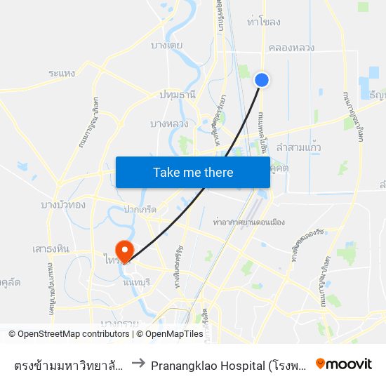 ตรงข้ามมหาวิทยาลัยกรุงเทพรังสิต to Pranangklao Hospital (โรงพยาบาลพระนั่งเกล้า) map