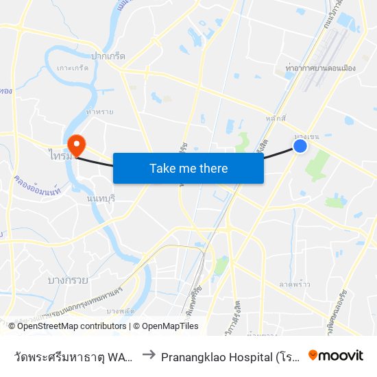 วัดพระศรีมหาธาตุ WAT Phra Si Mahathat to Pranangklao Hospital (โรงพยาบาลพระนั่งเกล้า) map