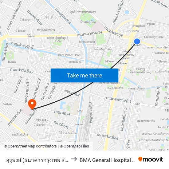 อุรุพงษ์ (ธนาคารกรุงเทพ สาขาอุรุพงษ์) Urupong to BMA General Hospital (โรงพยาบาลกลาง) map