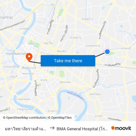 มหาวิทยาลัยรามคำแหง University to BMA General Hospital (โรงพยาบาลกลาง) map