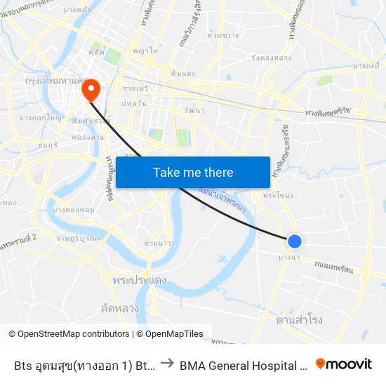 Bts อุดมสุข(ทางออก 1) Bts Udomsuk (Exit 1) to BMA General Hospital (โรงพยาบาลกลาง) map