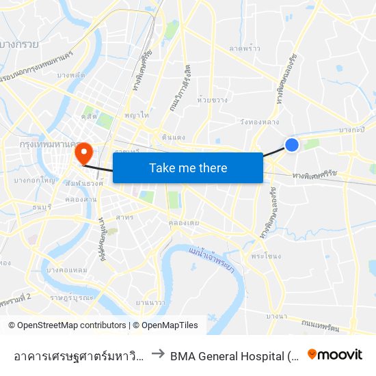 อาคารเศรษฐศาตร์มหาวิทยาลัยรามคำแหง to BMA General Hospital (โรงพยาบาลกลาง) map