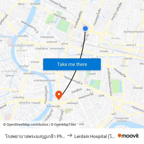 โรงพยาบาลพระมงกุฎเกล้า Phramongkutklao Hospital to Lerdsin Hospital (โรงพยาบาลเลิดสิน) map