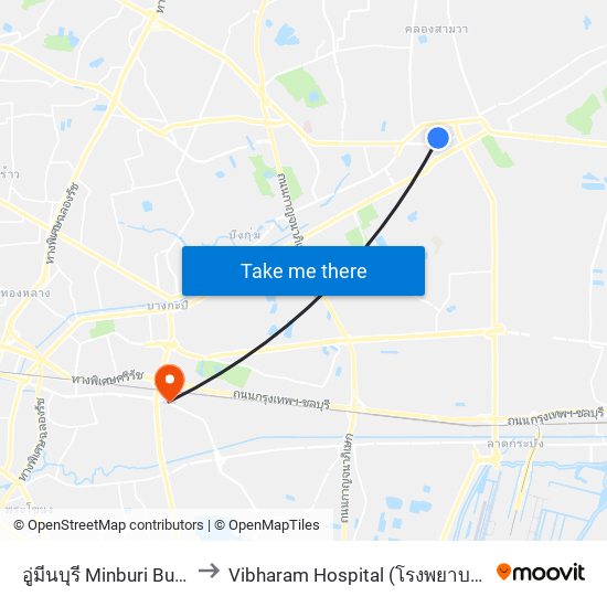 อู่มีนบุรี Minburi Bus Depot to Vibharam Hospital (โรงพยาบาลวิภาราม) map