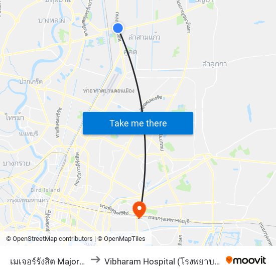 เมเจอร์รังสิต Major Rangsit to Vibharam Hospital (โรงพยาบาลวิภาราม) map