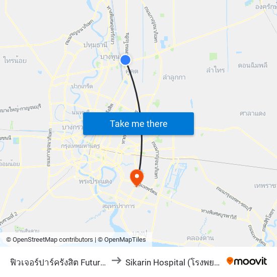 ฟิวเจอร์ปาร์ครังสิต Future Park Rangsit to Sikarin Hospital (โรงพยาบาลศิครินทร์) map