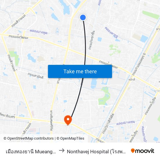 เมืองทองธานี Mueang Thong Thani to Nonthavej Hospital (โรงพยาบาลนนทเวช) map