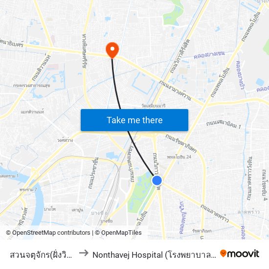 สวนจตุจักร(ฝั่งวิภาวดี) to Nonthavej Hospital (โรงพยาบาลนนทเวช) map