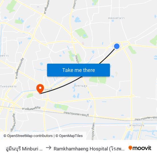 อู่มีนบุรี Minburi Bus Depot to Ramkhamhaeng Hospital (โรงพยาบาลรามคําแหง) map