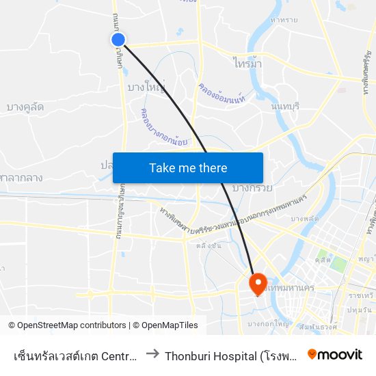 เซ็นทรัลเวสต์เกต Central Westgate to Thonburi Hospital (โรงพยาบาลธนบุรี) map