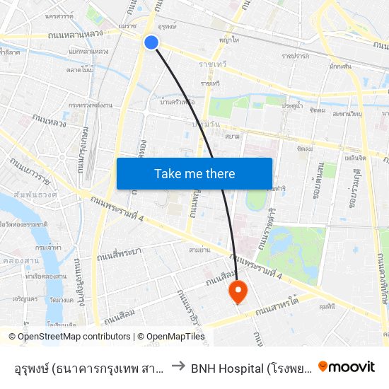 อุรุพงษ์ (ธนาคารกรุงเทพ สาขาอุรุพงษ์) Urupong to BNH Hospital (โรงพยาบาล บีเอ็นเอช) map