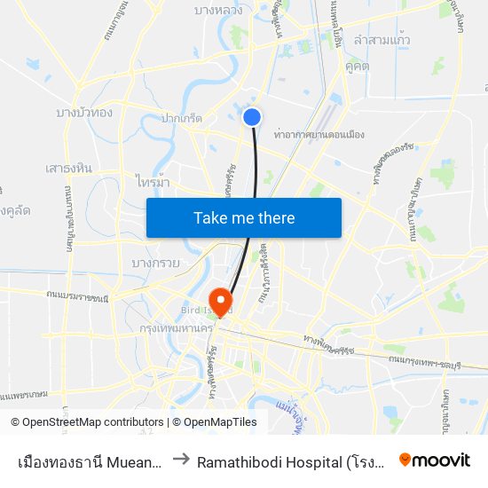 เมืองทองธานี Mueang Thong Thani to Ramathibodi Hospital (โรงพยาบาลรามาธิบดี) map