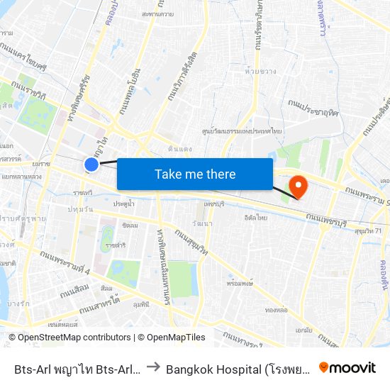 Bts-Arl พญาไท Bts-Arl Phaya Thai to Bangkok Hospital (โรงพยาบาลกรุงเทพ) map