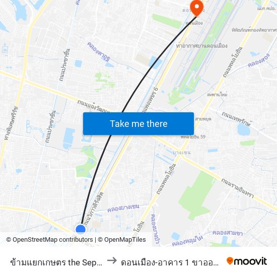 ข้ามแยกเกษตร the Separation Of Agriculture to ดอนเมือง-อาคาร 1 ขาออกระหว่างประเทศ ประตู 5 map