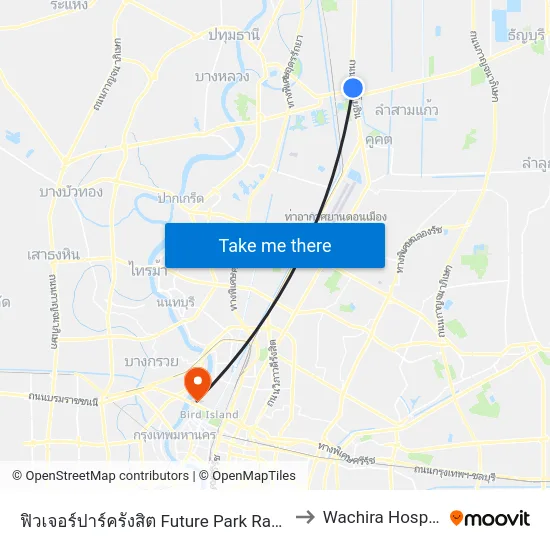 ฟิวเจอร์ปาร์ครังสิต Future Park Rangsit to Wachira Hospital map