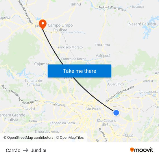 Carrão to Jundiaí map