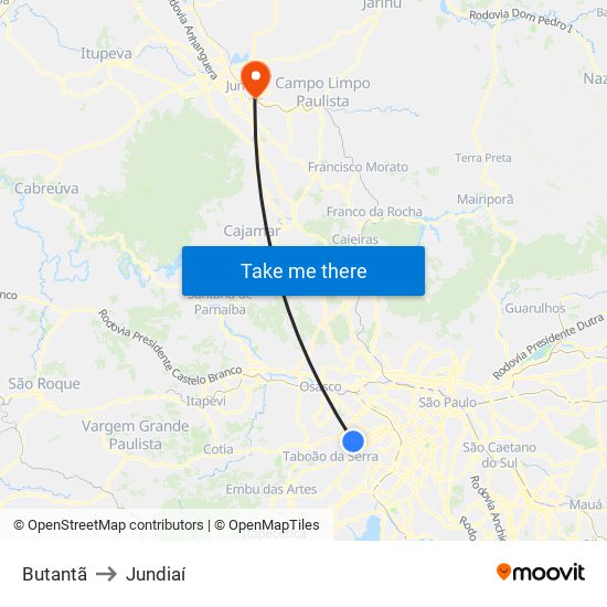 Butantã to Jundiaí map