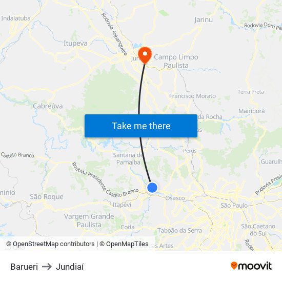 Barueri to Jundiaí map