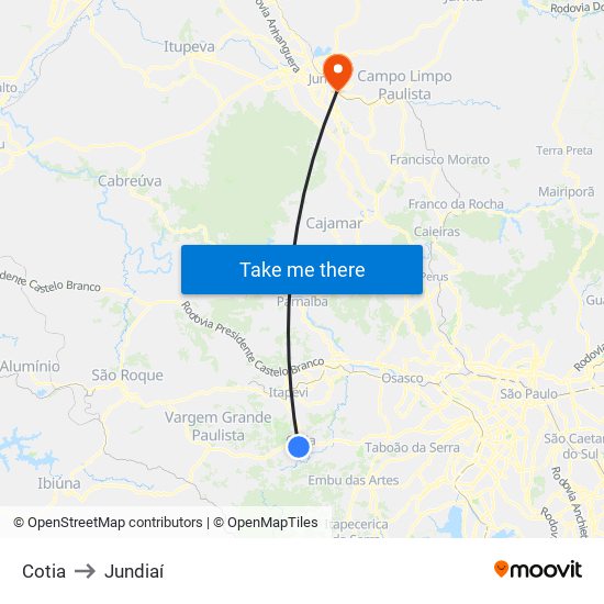 Cotia to Jundiaí map