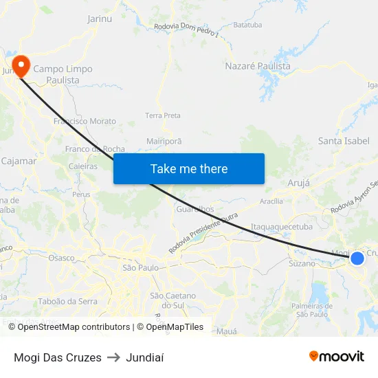 Mogi Das Cruzes to Jundiaí map