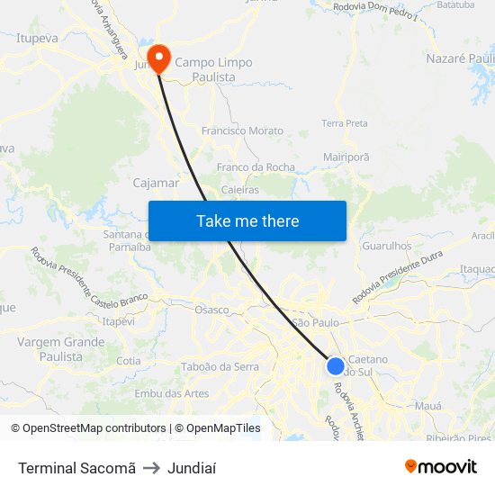 Terminal Sacomã to Jundiaí map