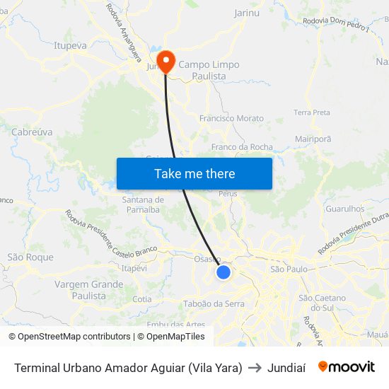 Terminal Urbano Amador Aguiar (Vila Yara) to Jundiaí map