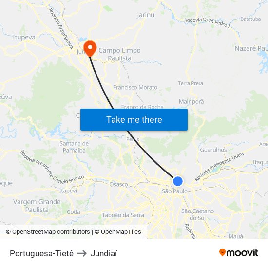 Portuguesa-Tietê to Jundiaí map