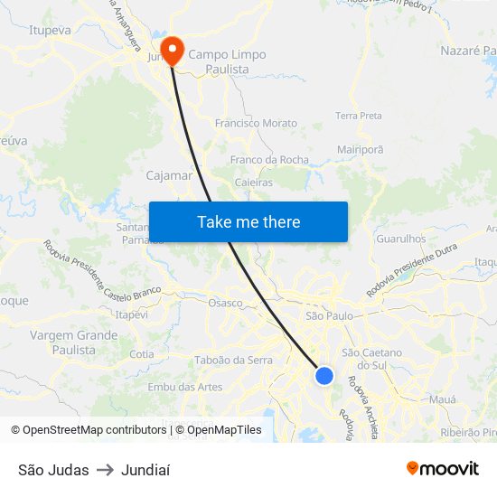 São Judas to Jundiaí map