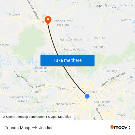 Trianon-Masp to Jundiaí map