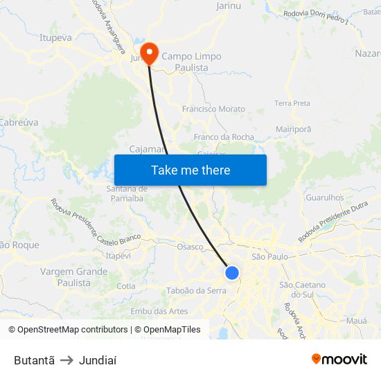Butantã to Jundiaí map