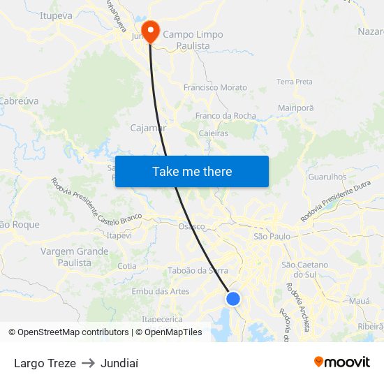 Largo Treze to Jundiaí map