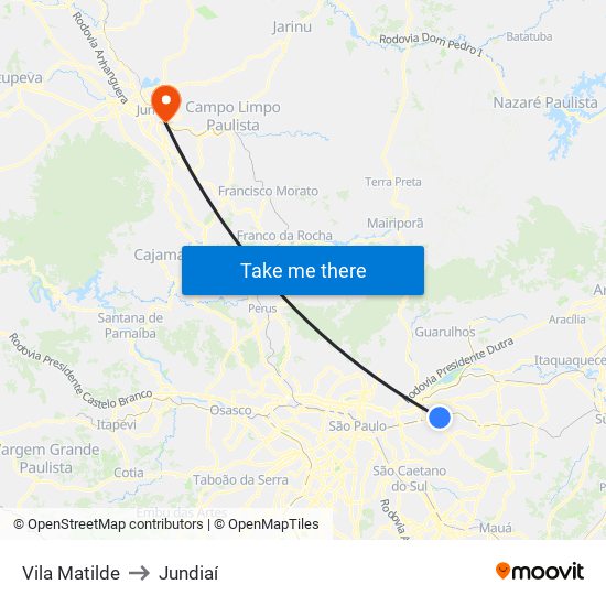 Vila Matilde to Jundiaí map