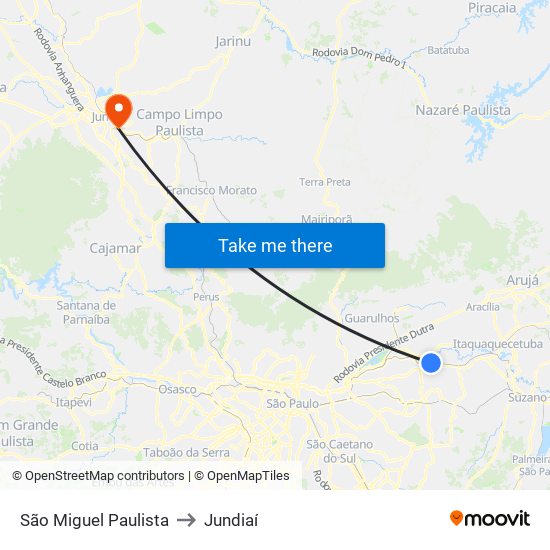 São Miguel Paulista to Jundiaí map
