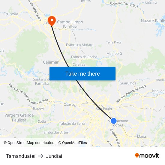 Tamanduateí to Jundiaí map