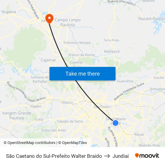 São Caetano do Sul-Prefeito Walter Braido to Jundiaí map