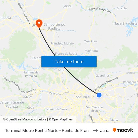 Metrô Penha - Penha de França, São Paulo to Jundiaí map