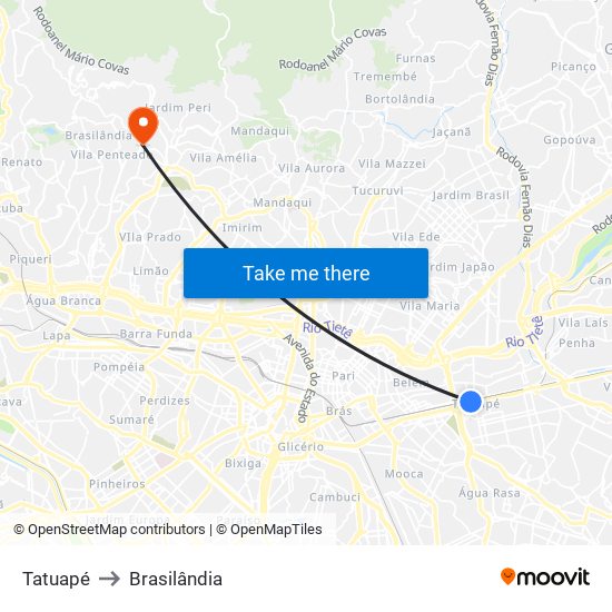Tatuapé to Brasilândia map