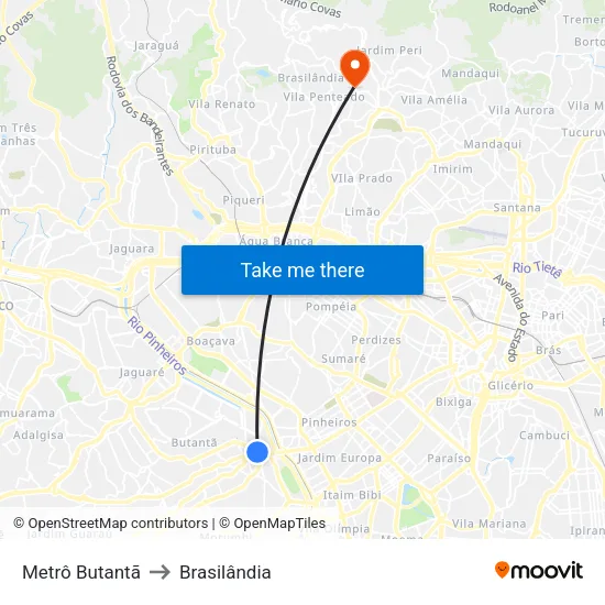 Metrô Butantã to Brasilândia map