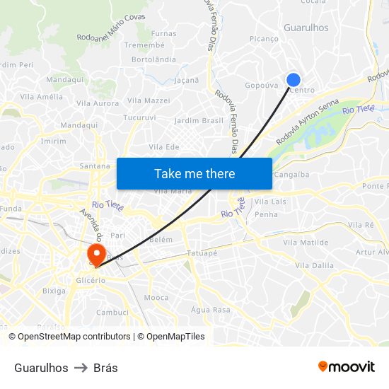 Guarulhos to Brás map